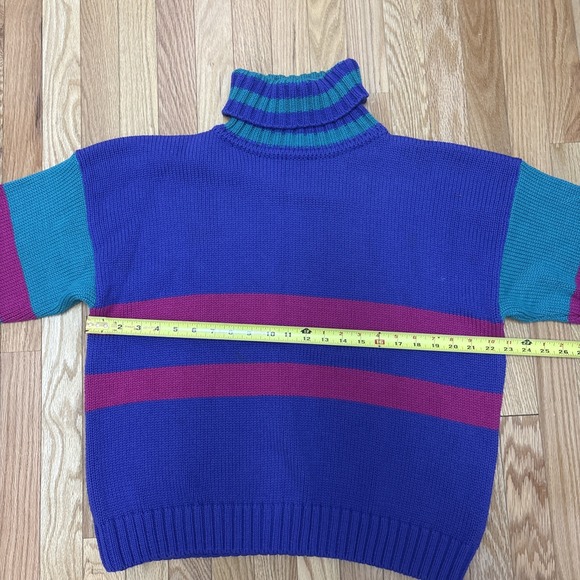 Vintage Eddie Bauer Sweater Men Large ColorBlock Crewneck Purple 80s Heavyweight - Picture 4 of 9